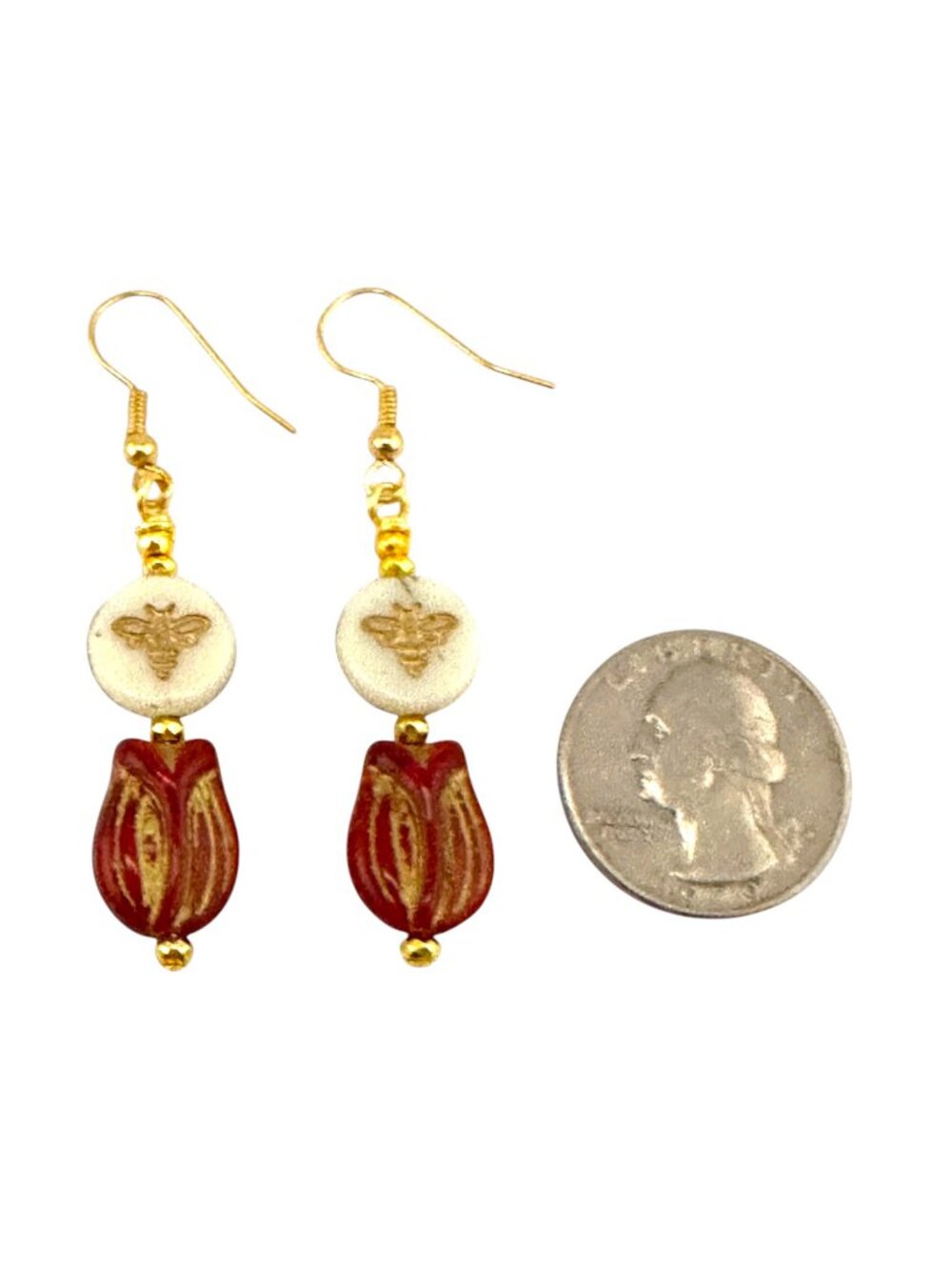 Czech Glass Bee Tulip Earrings Garnet Red Floral Dangle Cottagecore Boho - Picture 6 of 10